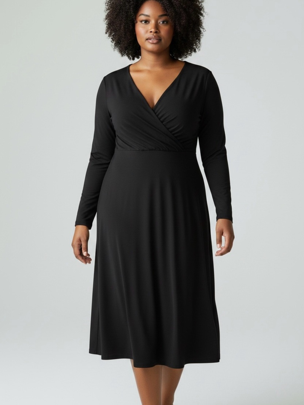 Talbots Classic Black Faux Wrap Midi Dress 2X Solid Black Long Sleeve Belted